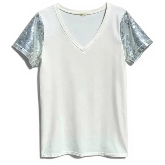 POL Oversized White V-Neck Top with Lace Trim and Silver Sequined Short Sleeves - Picture 9 of 9